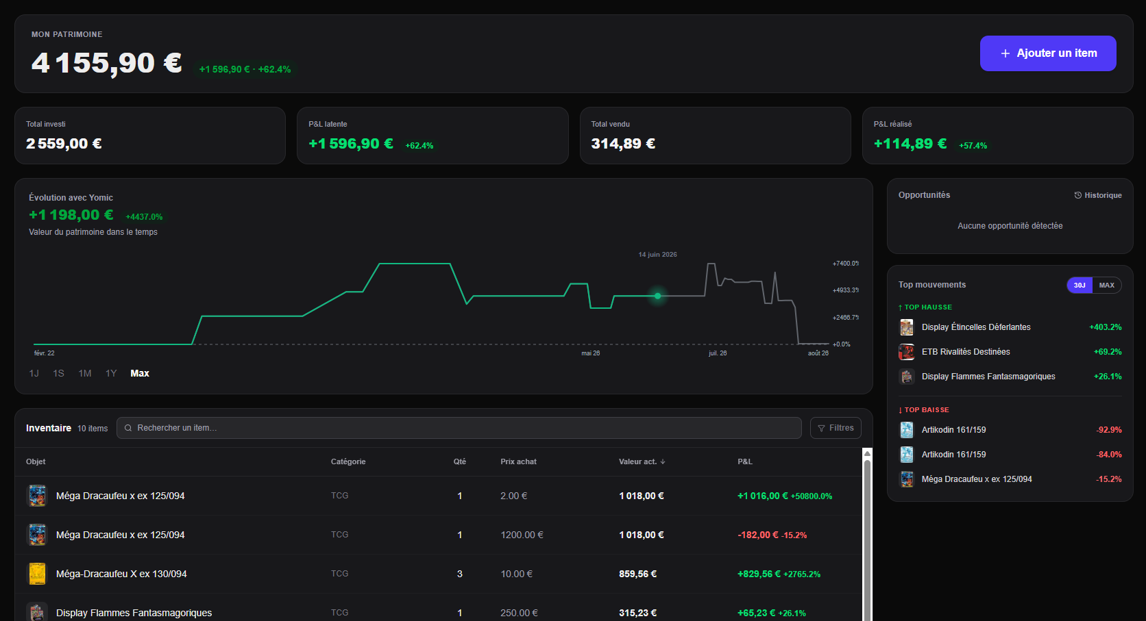 Dashboard patrimoine mobile avec KPI et courbe d'évolution