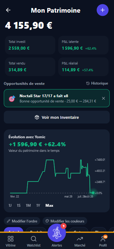 Dashboard patrimoine mobile avec KPI et courbe d'évolution