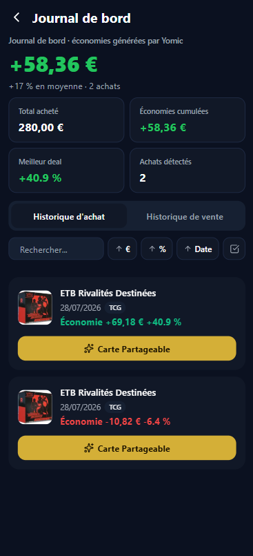 Vue mobile du Journal de bord avec historique d'achats